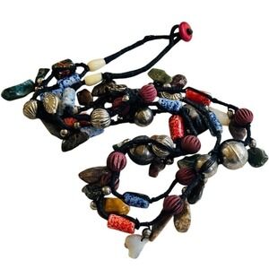 VTG Bib BOHO Necklace poured art Glass beads Beaded dangle Statement Multi 28"L